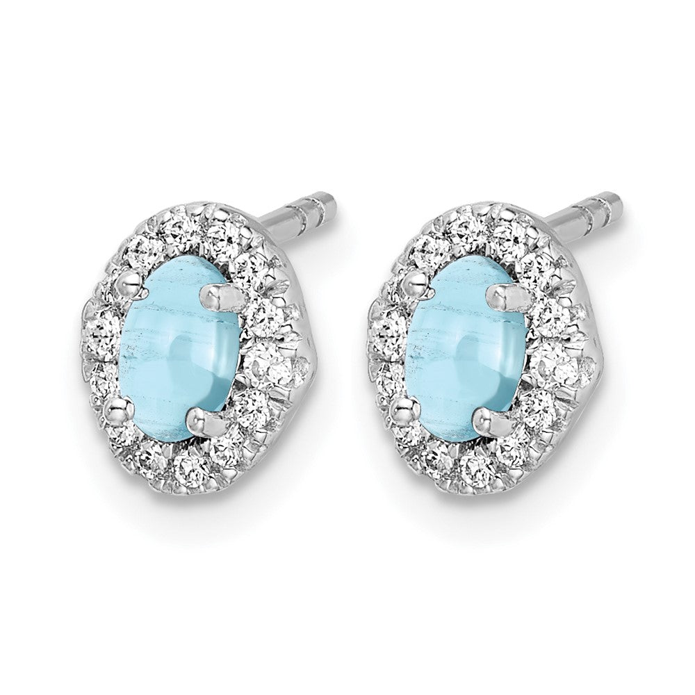 14k White Gold 5x3mm Oval Aquamarine Cabochon and Diamond Halo Post Earrings