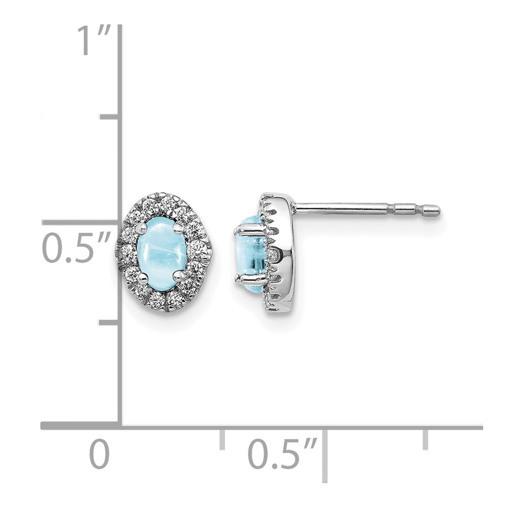 14k White Gold 5x3mm Oval Aquamarine Cabochon and Diamond Halo Post Earrings