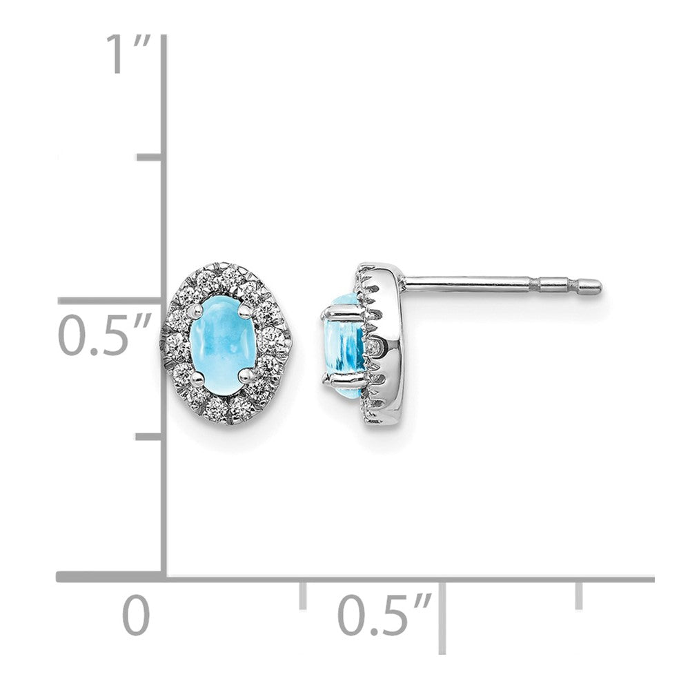 14k White Gold 5x3 Oval Blue Topaz Cabochon and .16 carat Diamond Halo Post Earrings