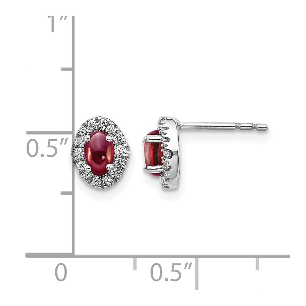 14k White Gold 5x3 Oval Garnet Cabochon and .16 carat Diamond Halo Post Earrings