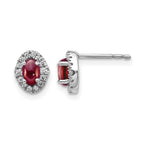 14k White Gold 5x3 Oval Garnet Cabochon and .16 carat Diamond Halo Post Earrings