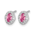 14k White Gold 5x3mm Oval Pink Tourmaline Cabochon and Diamond Halo Post Earrings