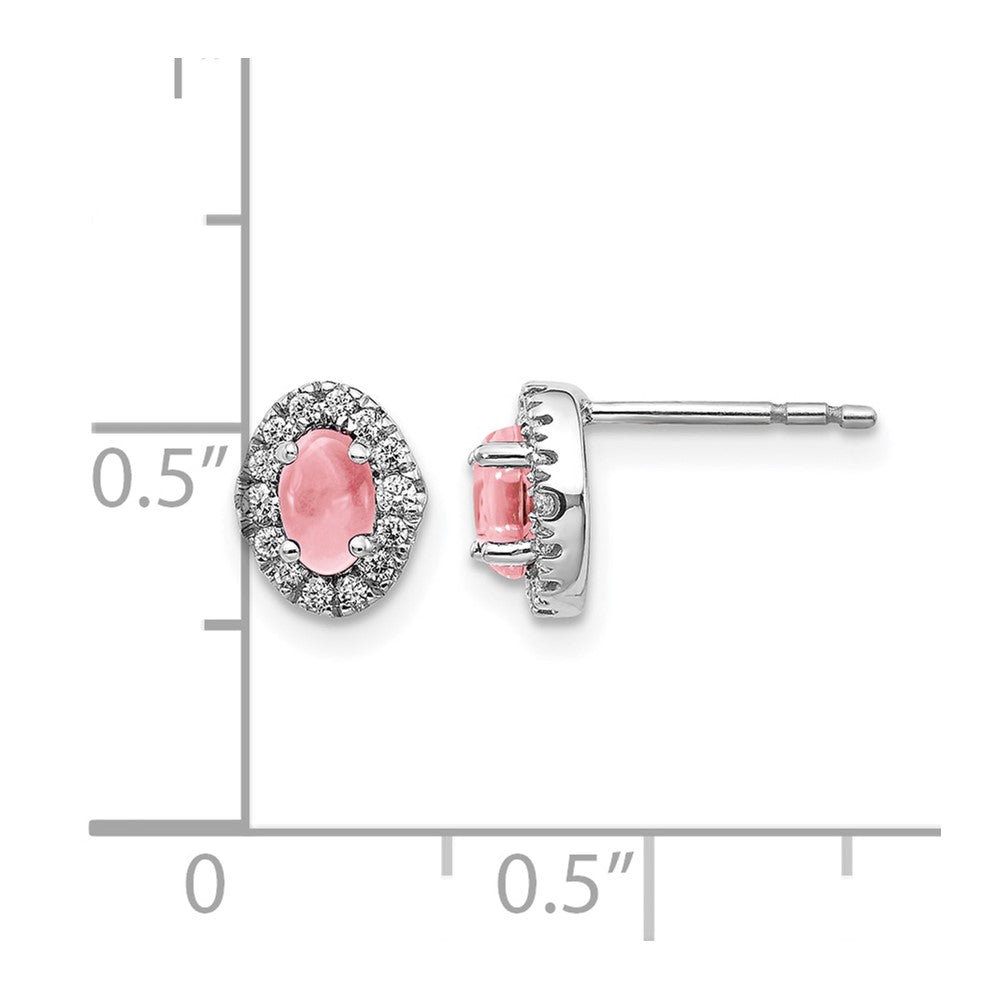 14k White Gold 5x3mm Oval Pink Tourmaline Cabochon and Diamond Halo Post Earrings