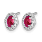 14k White Gold 5x3mm Oval Ruby Cabochon and Diamond Halo Post Earrings