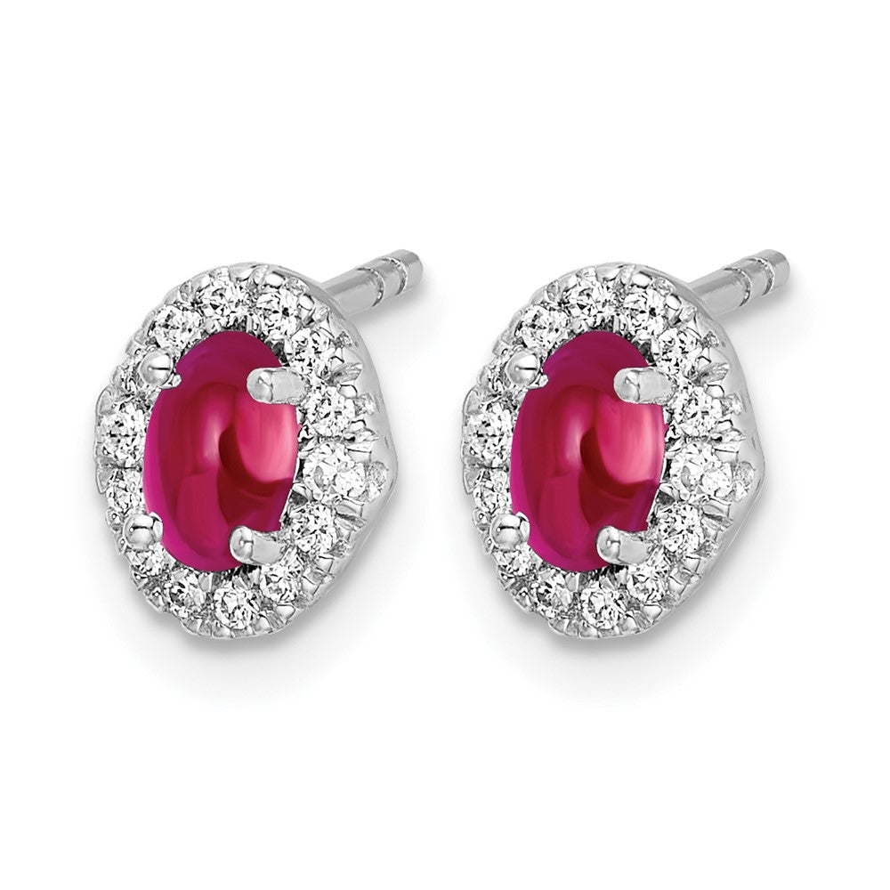 14k White Gold 5x3mm Oval Ruby Cabochon and Diamond Halo Post Earrings