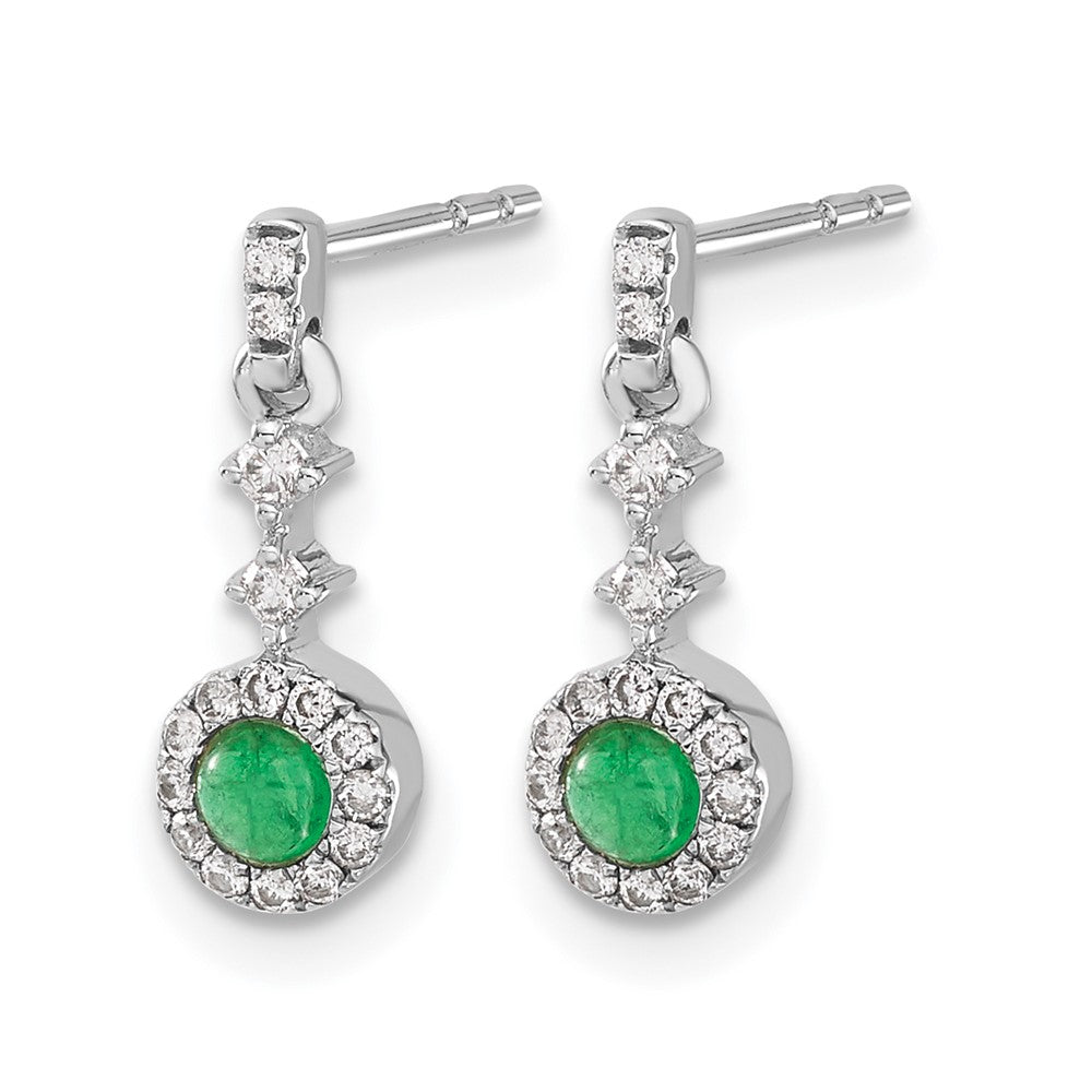 14k White Gold 3mm Round Emerald Cabochon and Diamond Halo Dangle Post Earrings