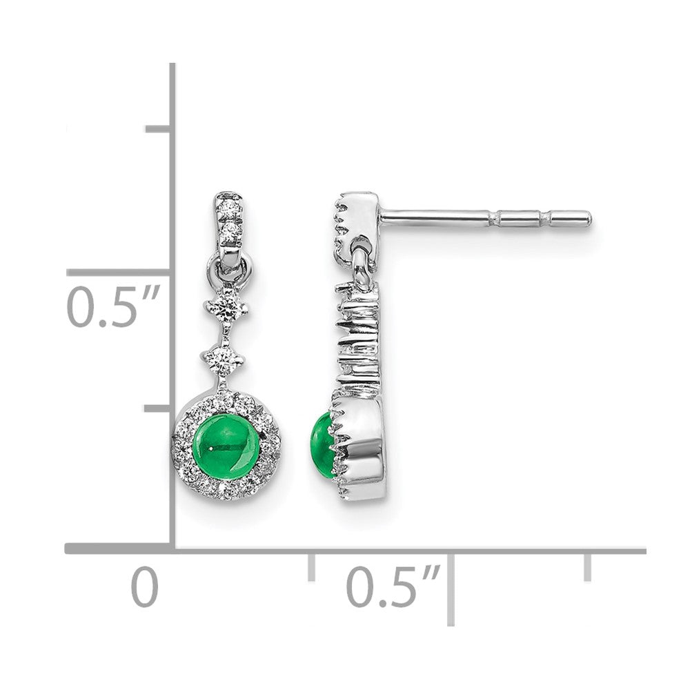 14k White Gold 3mm Round Emerald Cabochon and Diamond Halo Dangle Post Earrings
