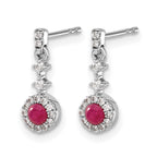 14k White Gold 3mm Round Ruby Cabochon and Diamond Halo Dangle Post Earrings
