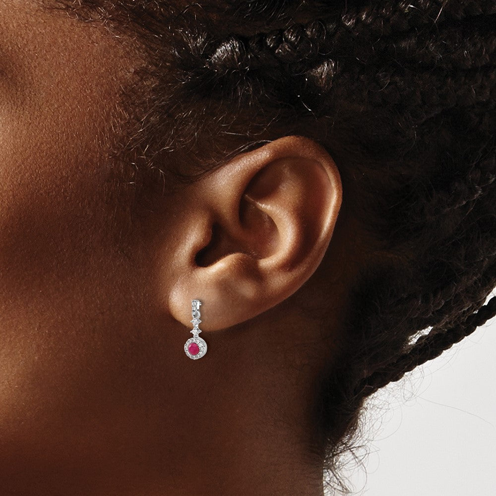 14k White Gold 3mm Round Ruby Cabochon and Diamond Halo Dangle Post Earrings