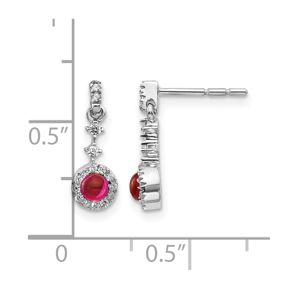 14k White Gold 3mm Round Ruby Cabochon and Diamond Halo Dangle Post Earrings