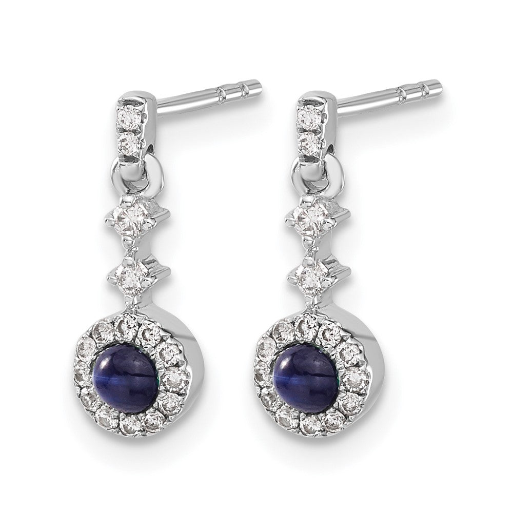 14k White Gold 3mm Round Sapphire Cabochon and Diamond Halo Dangle Post Earrings