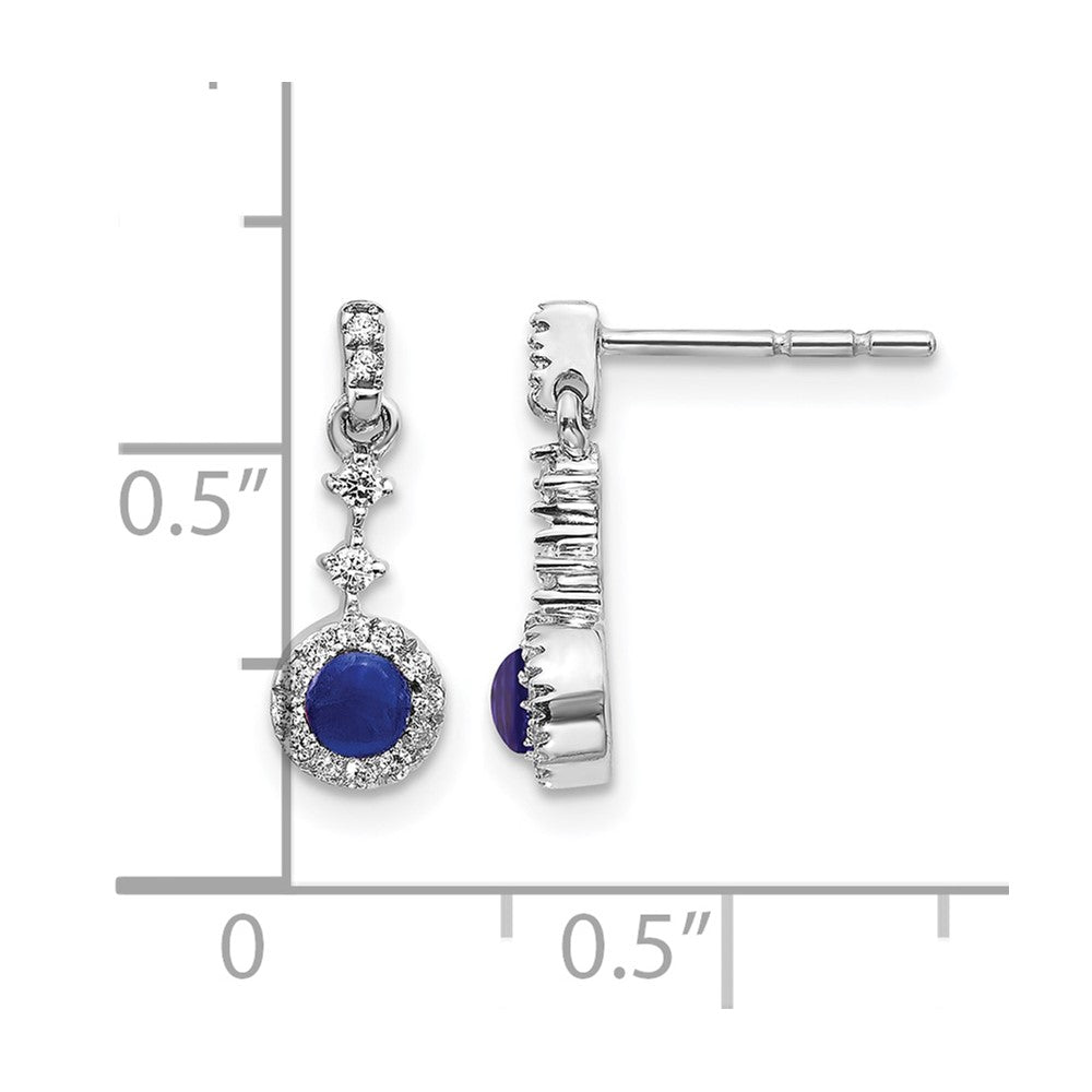 14k White Gold 3mm Round Sapphire Cabochon and Diamond Halo Dangle Post Earrings