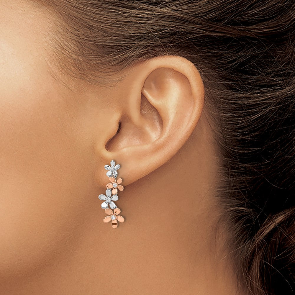 14k Rose and White Gold 1/5 carat Diamond Flowers Dangle Post Earrings