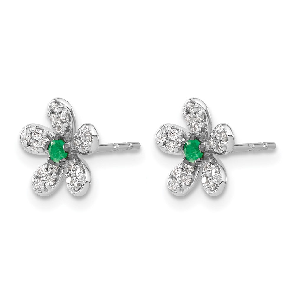 14k White Gold Diamond and Emerald Flower Post Earrings