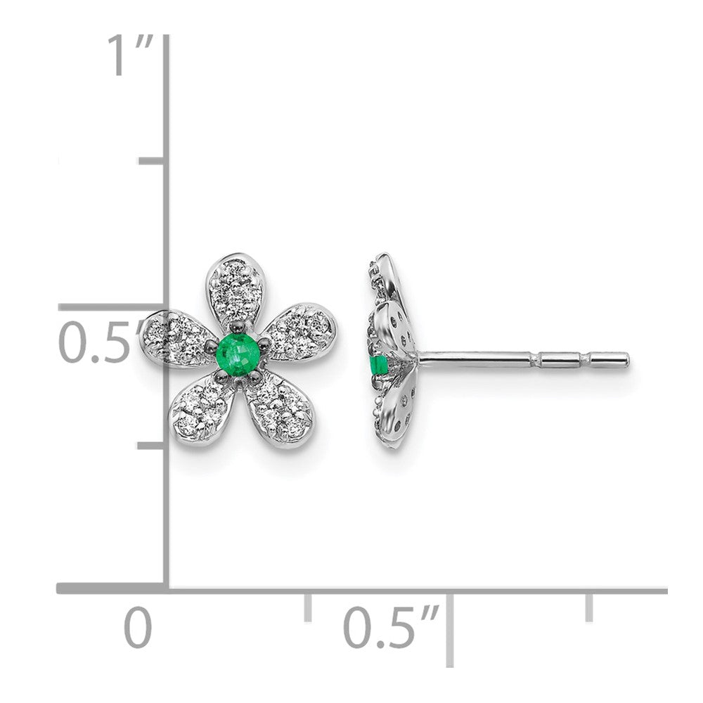 14k White Gold Diamond and Emerald Flower Post Earrings
