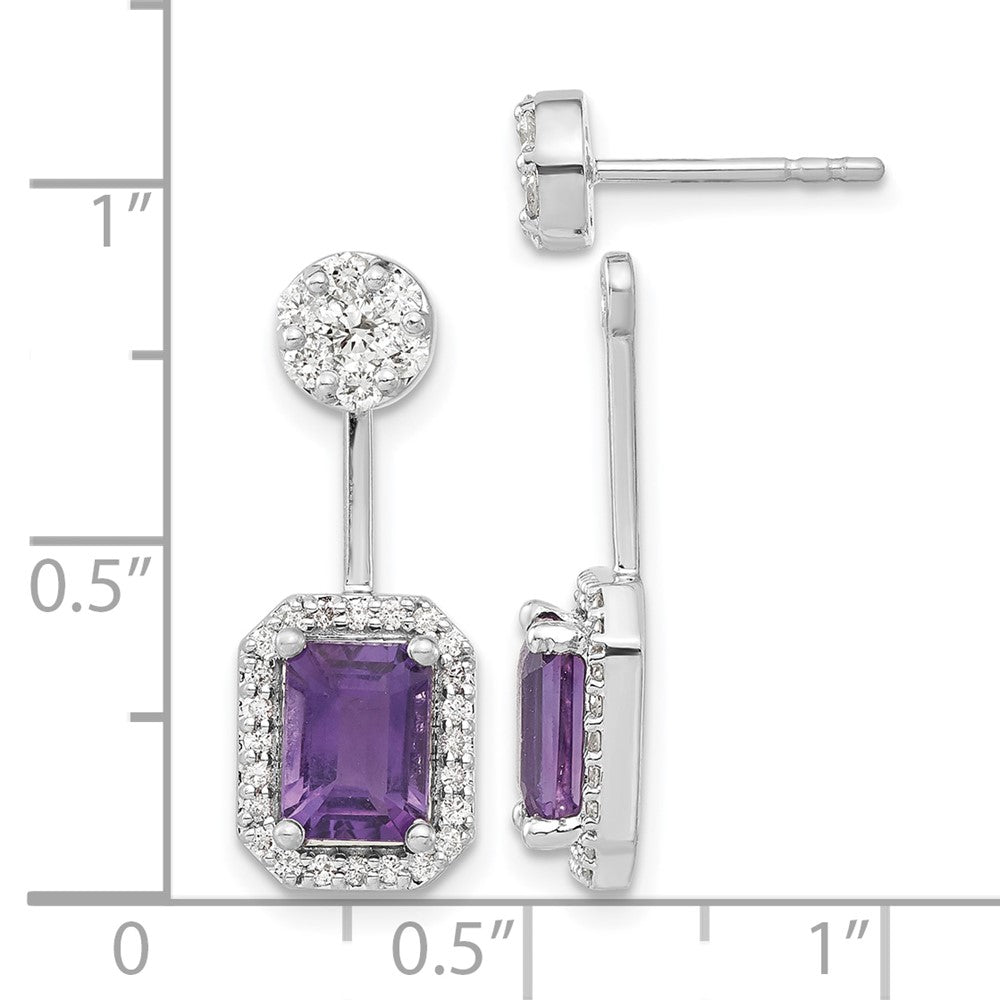 14k White Gold 5/8 carat Diamond and 7x5mm Emerald-cut Amethyst Front/Back Post Earrings