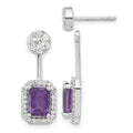 14k White Gold 5/8 carat Diamond and 7x5mm Emerald-cut Amethyst Front/Back Post Earrings