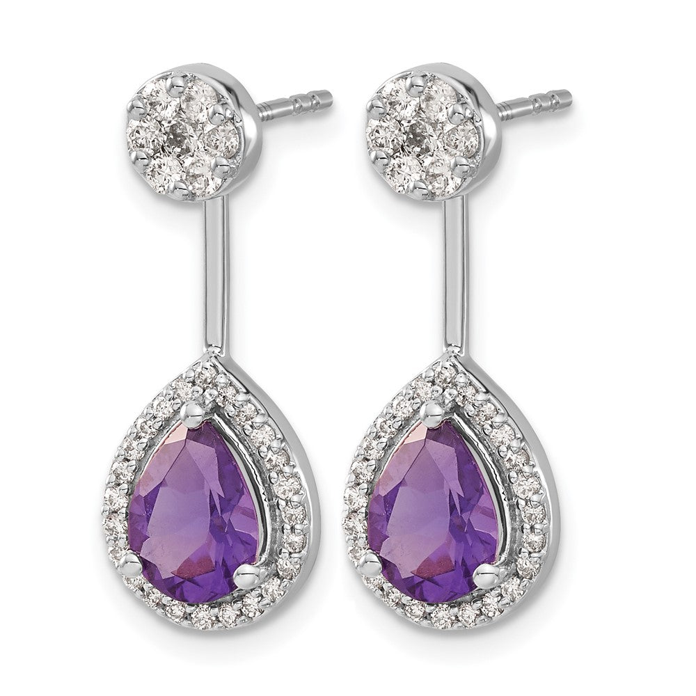 14k White Gold 5/8 carat Diamond and 8x6mm Pear Amethyst Front/Back Post Earrings