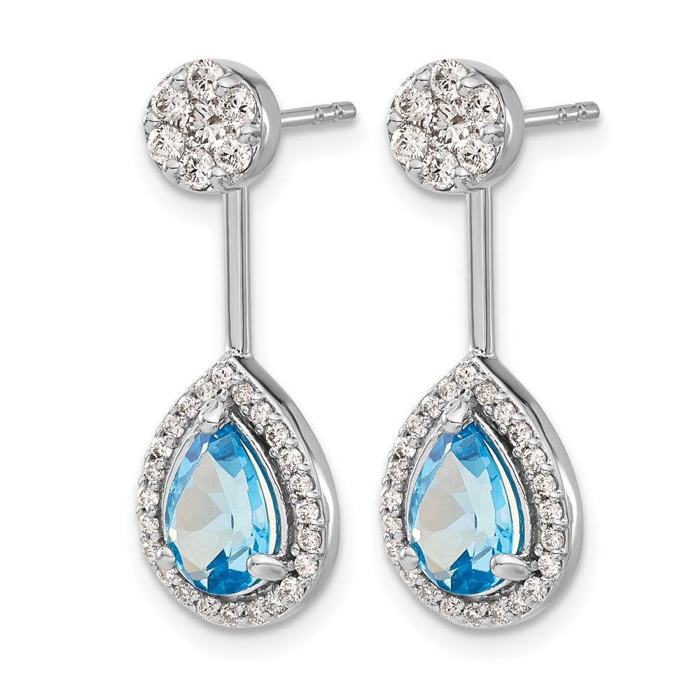14k White Gold 5/8 carat Diamond and 8x6mm Pear Blue Topaz Front/Back Post Earrings