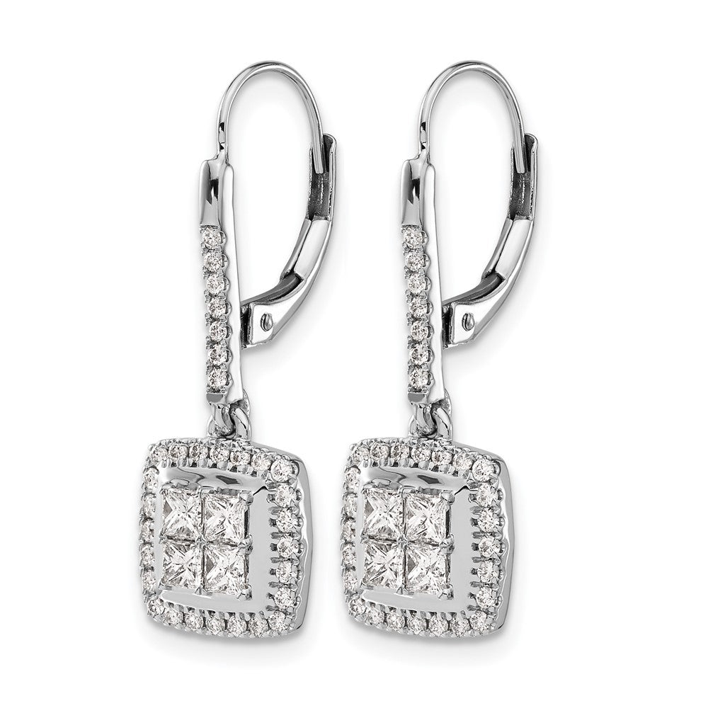 14k White Gold 1 carat Diamond Square Cluster Leverback Earrings