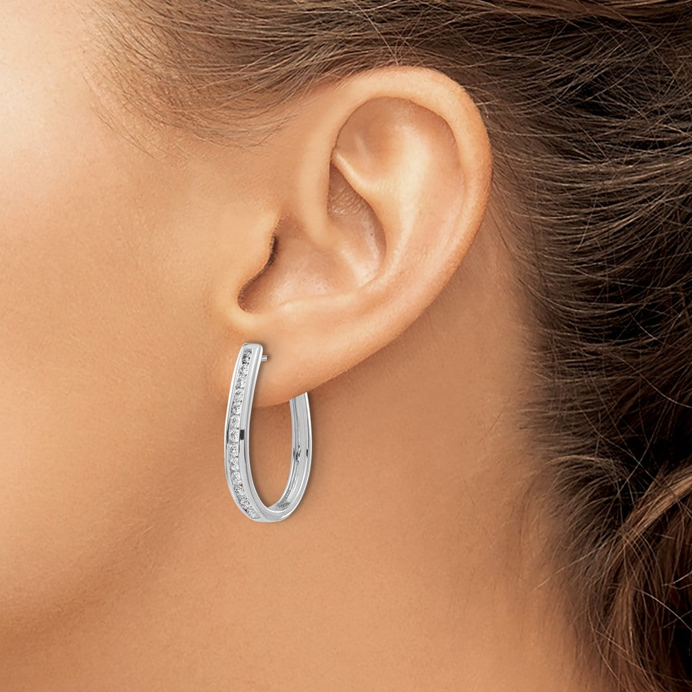 14k White Gold Diamond Channel-set Oval Hinged Hoop Earrings