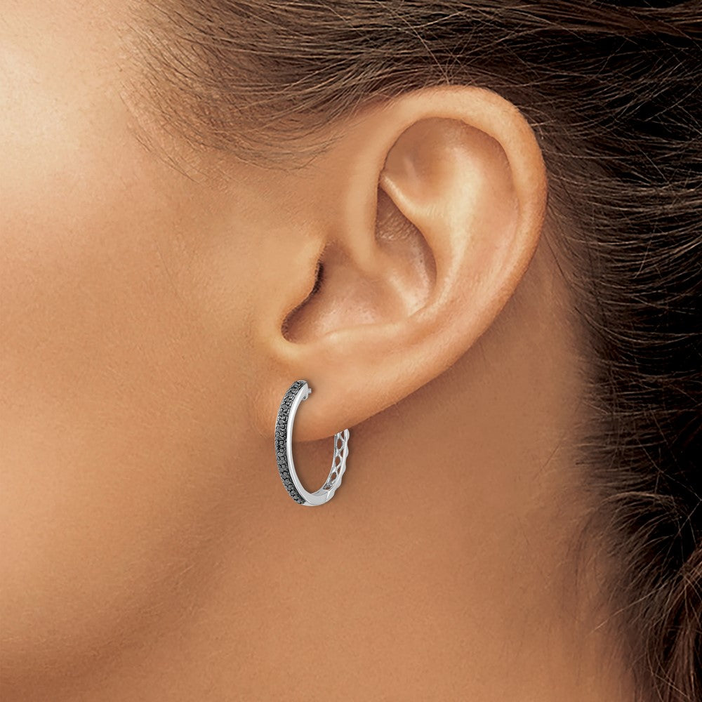 14k White Gold 1/6 carat Black Diamond 2mm Hinged Hoop Earrings