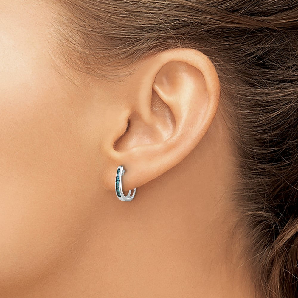 14k White Gold 1/6 carat Blue Diamond Channel-set 3mm Hinged Hoop Earrings