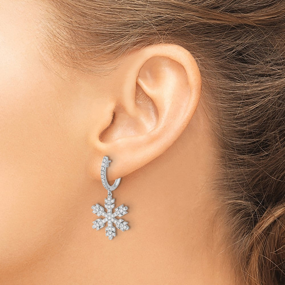 14k White Gold 1 carat Diamond Snowflake Dangle Hinged Hoop Earrings