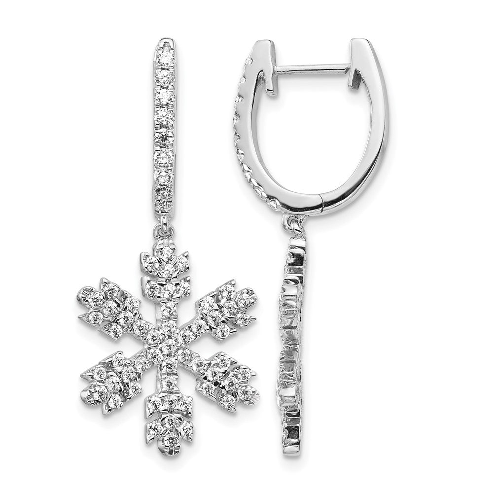 14k White Gold 1 carat Diamond Snowflake Dangle Hinged Hoop Earrings