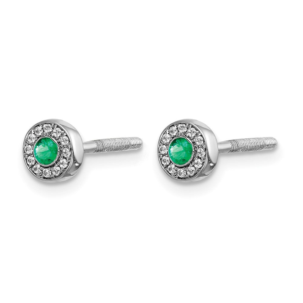 14k White Gold Diamond and 2.3mm Round Emerald Halo Post Earrings