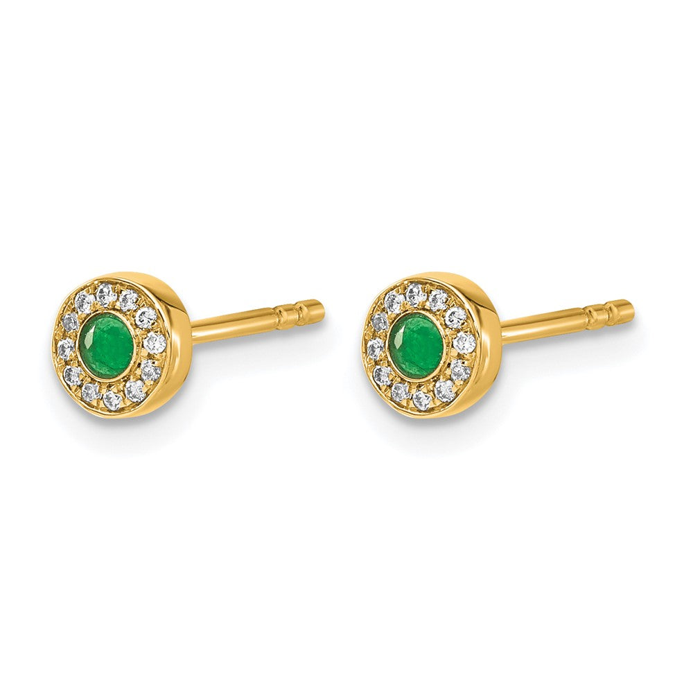 14k Diamond and 2.3mm Round Emerald Halo Post Earrings