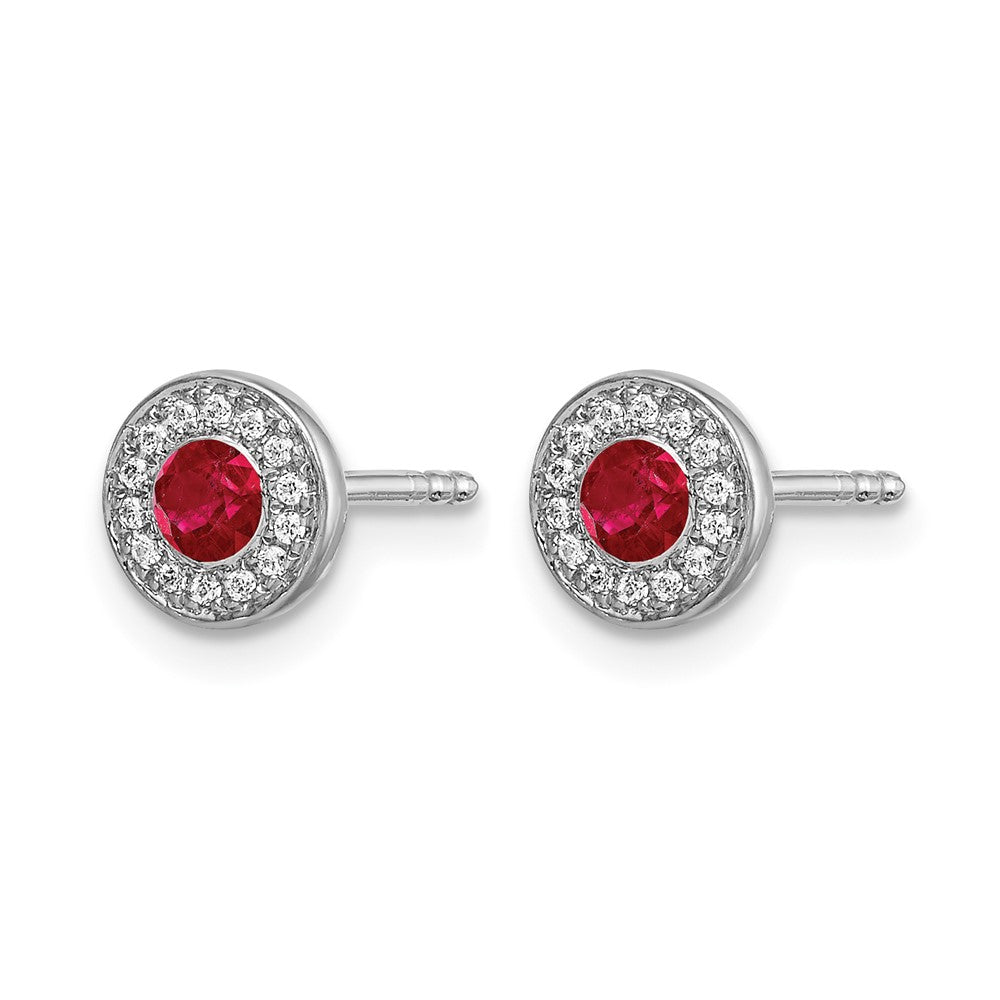 14k White Gold 2.8mm Round Ruby and Diamond Halo Post Earrings
