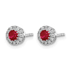 14k White Gold 3.5mm Round Blue Ruby and Diamond Halo Post Earrings