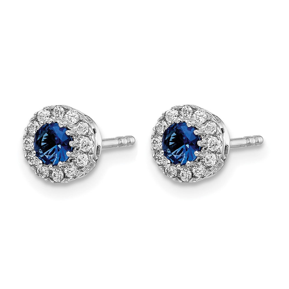 14k White Gold 3.5mm Round Blue Sapphire and Diamond Halo Post Earrings
