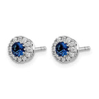 14k White Gold 3.5mm Round Blue Sapphire and Diamond Halo Post Earrings