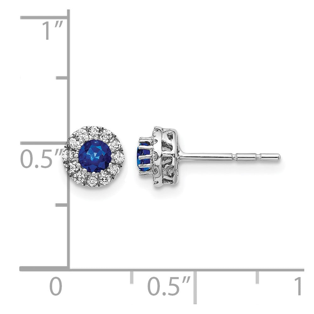 14k White Gold 3.5mm Round Blue Sapphire and Diamond Halo Post Earrings