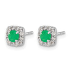 14k White Gold 3.7mm Round Emerald and Diamond Square Halo Post Earrings