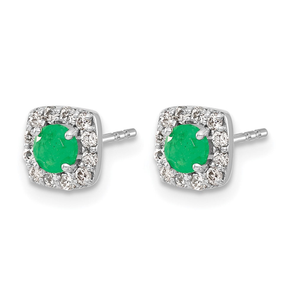 14k White Gold 3.7mm Round Emerald and Diamond Square Halo Post Earrings