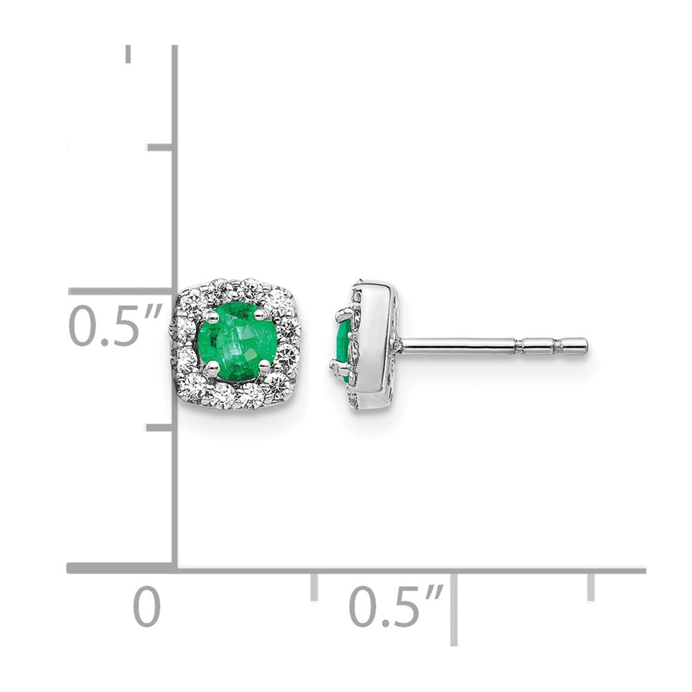 14k White Gold 3.7mm Round Emerald and Diamond Square Halo Post Earrings