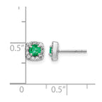 14k White Gold 3.7mm Round Emerald and Diamond Square Halo Post Earrings