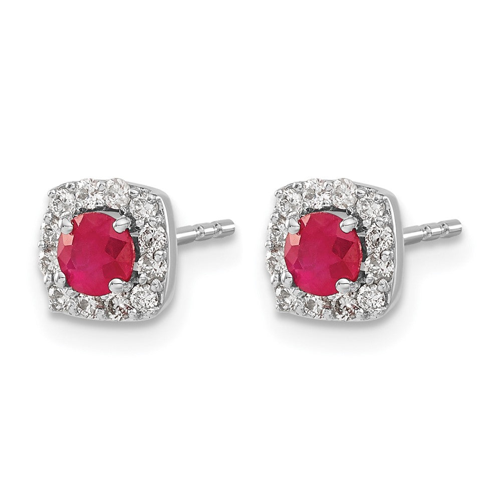 14k White Gold 3.7mm Round Ruby and Diamond Square Halo Post Earrings