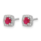 14k White Gold 3.7mm Round Ruby and Diamond Square Halo Post Earrings