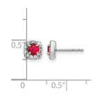 14k White Gold 3.7mm Round Ruby and Diamond Square Halo Post Earrings