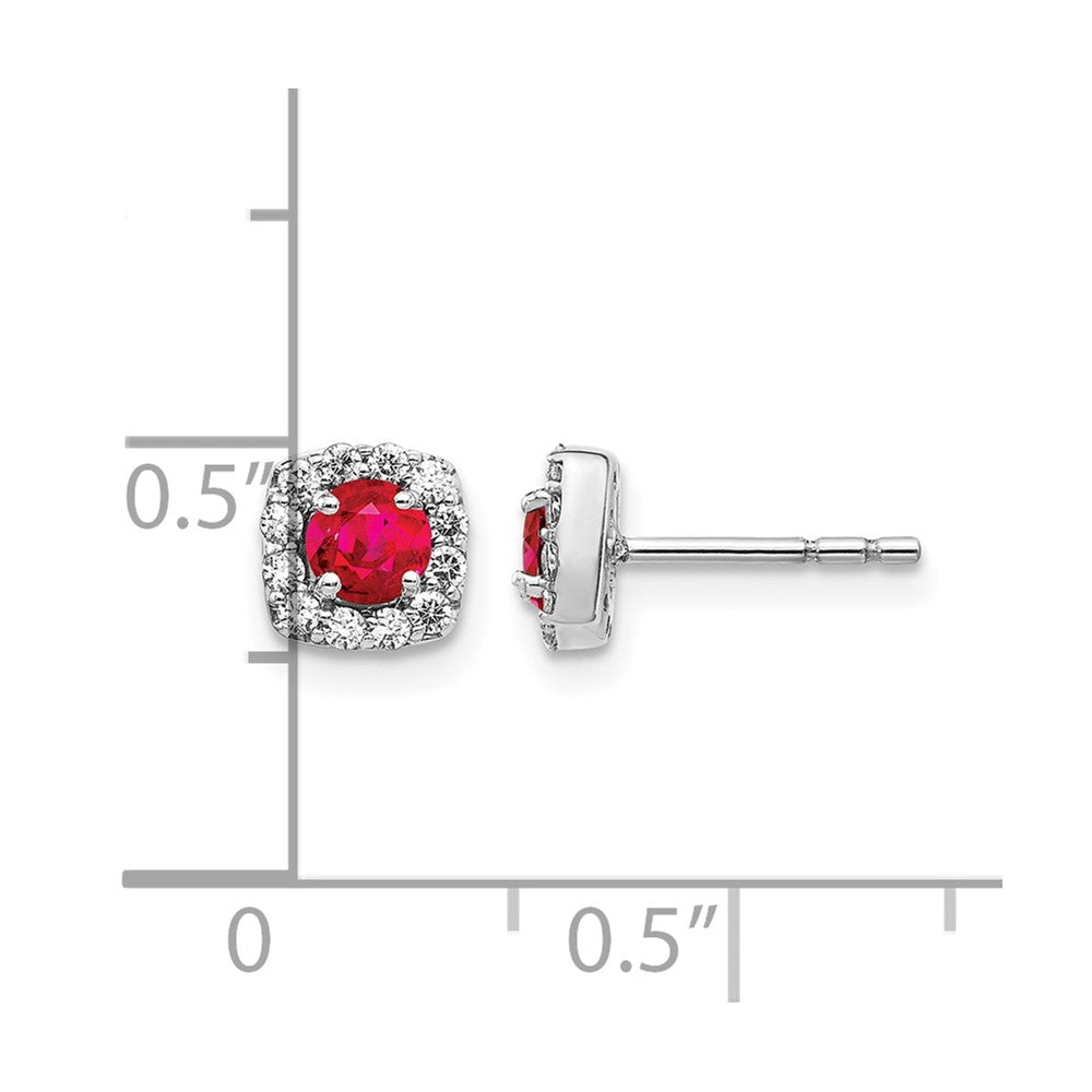 14k White Gold 3.7mm Round Ruby and Diamond Square Halo Post Earrings