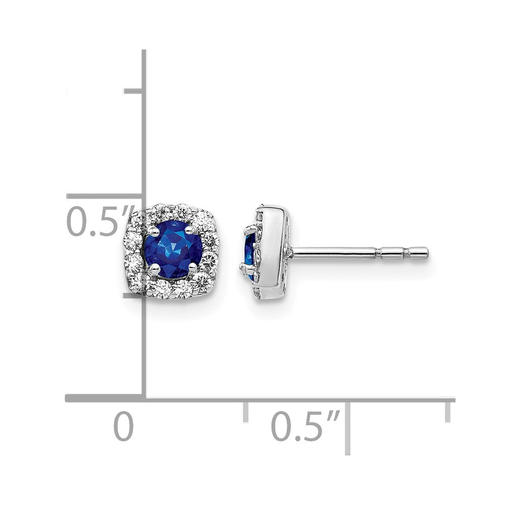 14k White Gold 3.7mm Round Sapphire and Diamond Square Halo Post Earrings