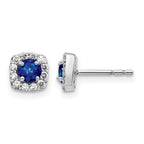 14k White Gold 3.7mm Round Sapphire and Diamond Square Halo Post Earrings