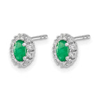 14k White Gold 5x3mm Oval Emerald and Diamond Halo Post Earrings