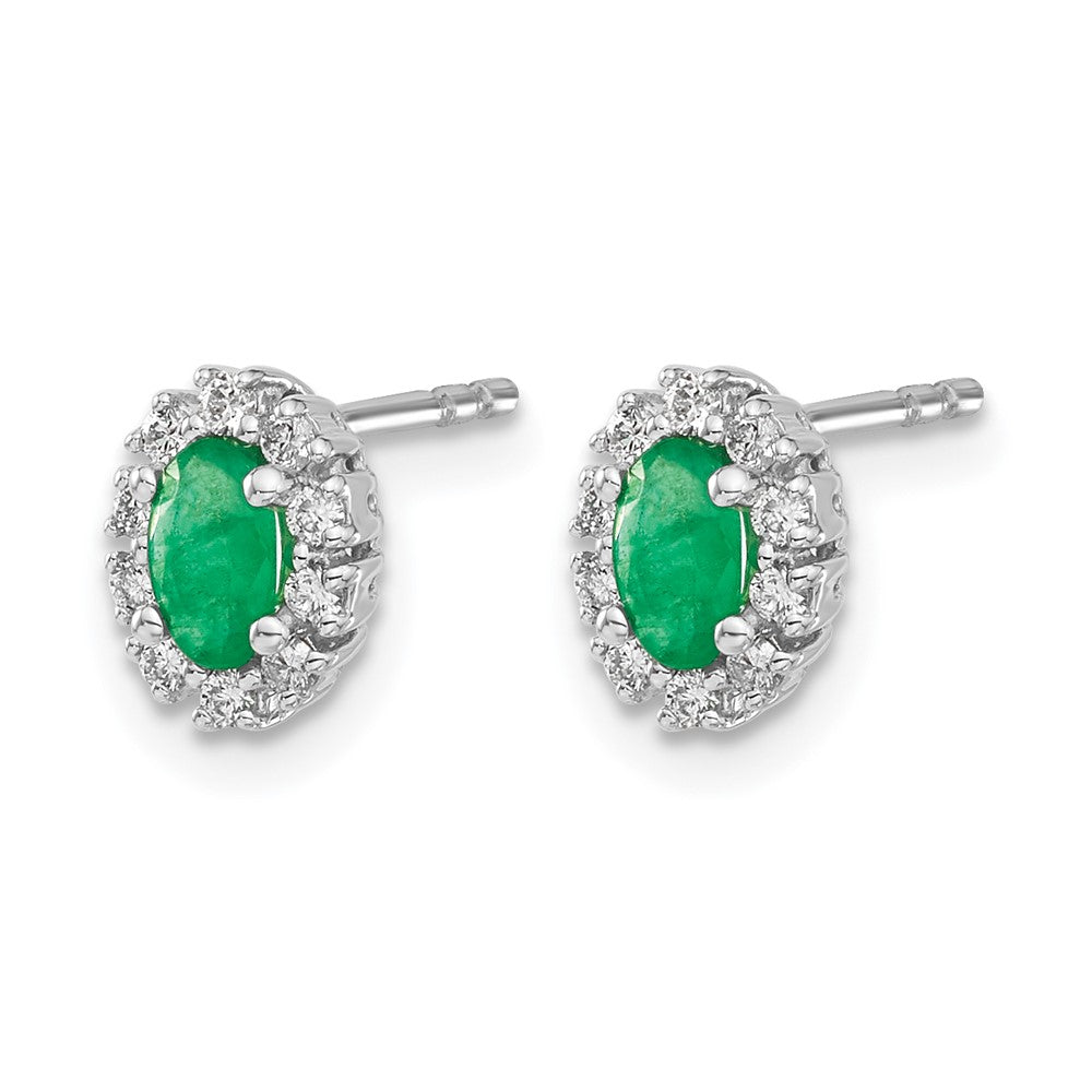 14k White Gold 1/5 carat Lab Grown Diamond VS/SI+ G+ and Oval Created Emerald Complete Halo Post Earrings