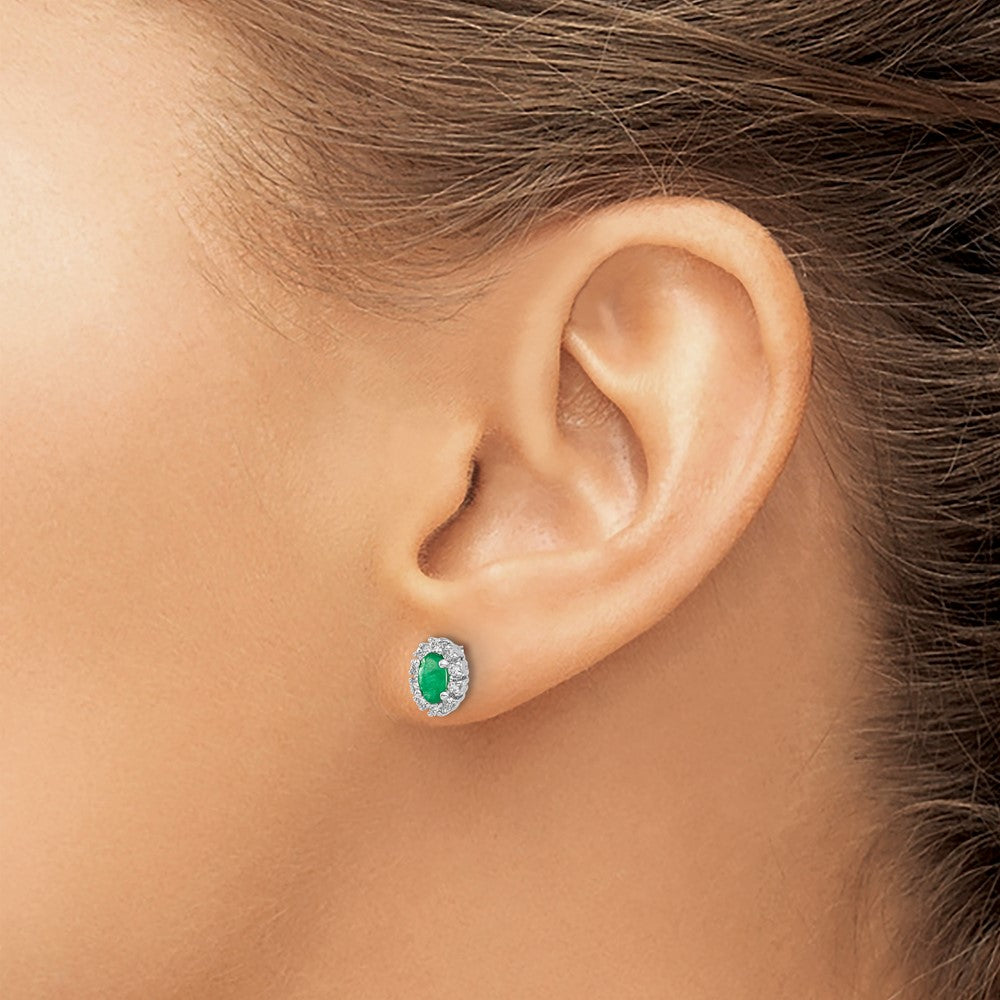 14k White Gold 5x3mm Oval Emerald and Diamond Halo Post Earrings
