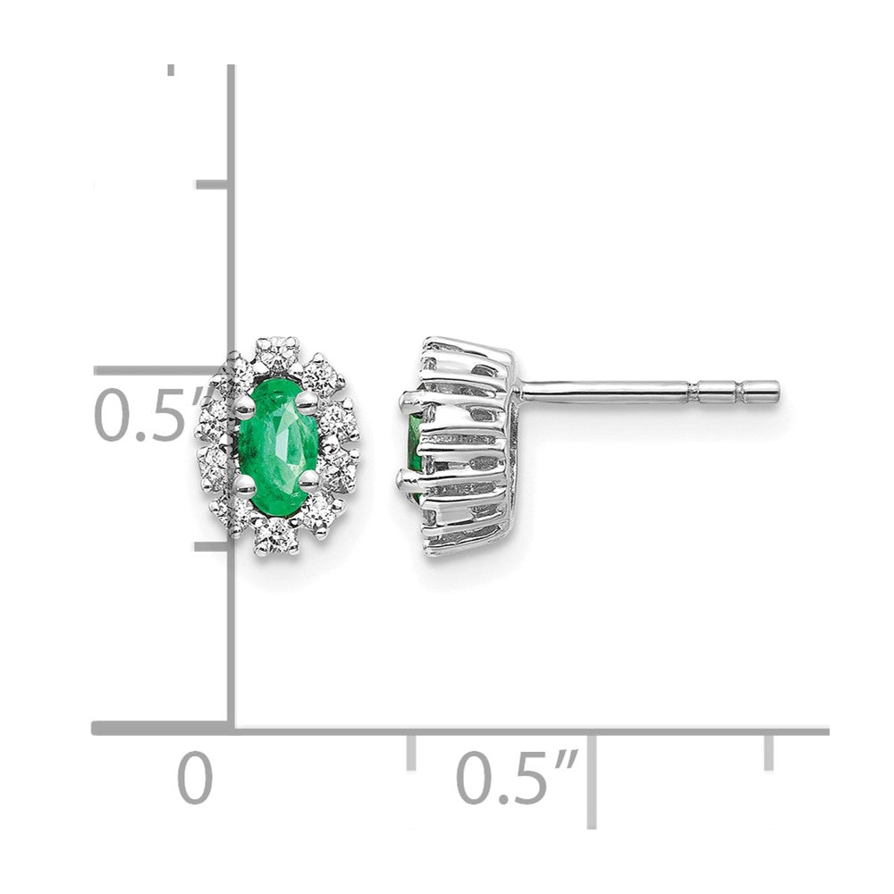 14k White Gold 5x3mm Oval Emerald and Diamond Halo Post Earrings